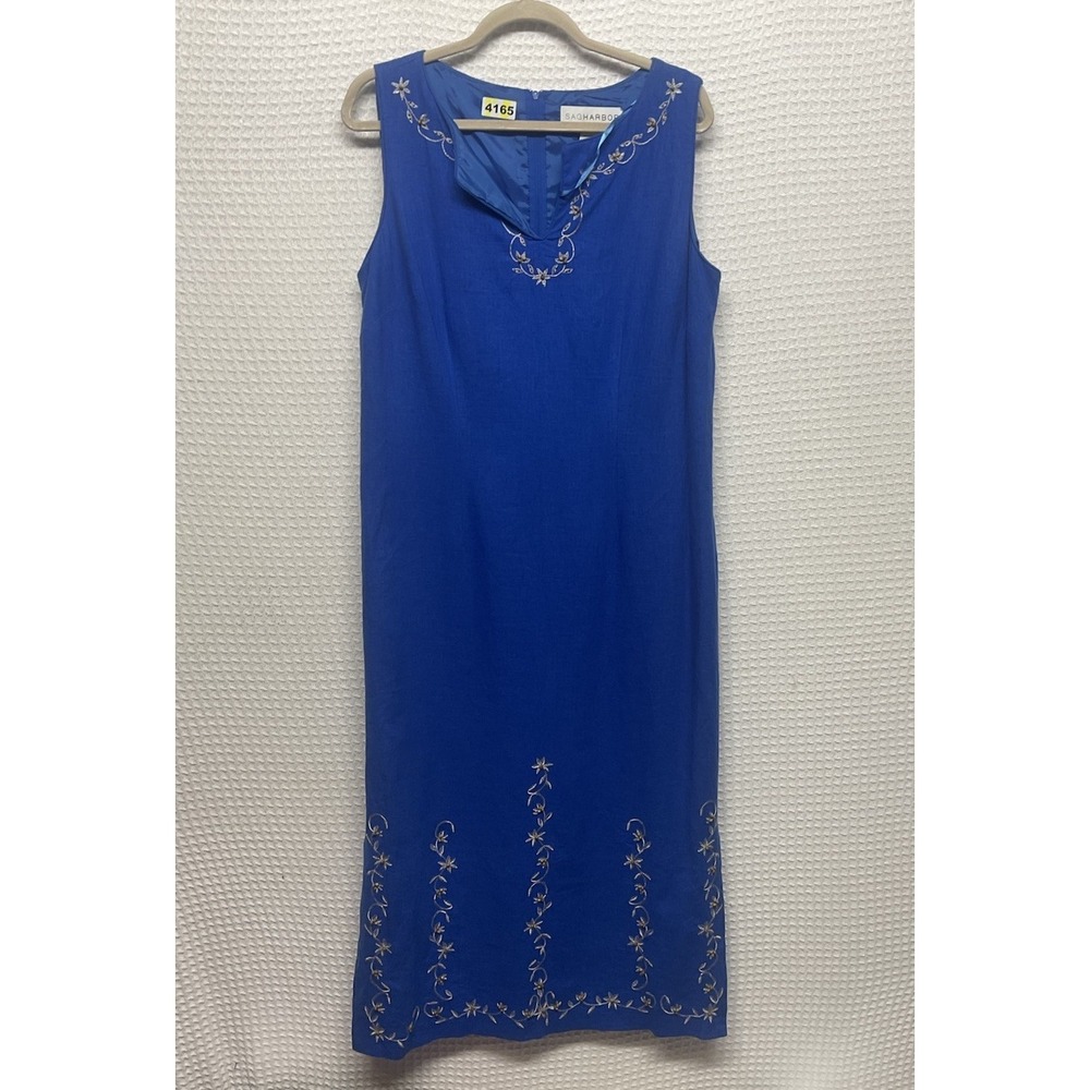 Sag Harbor Dress Womens 14 Blue Linen Blend Maxi Embroidered Slit‎ Office Casual